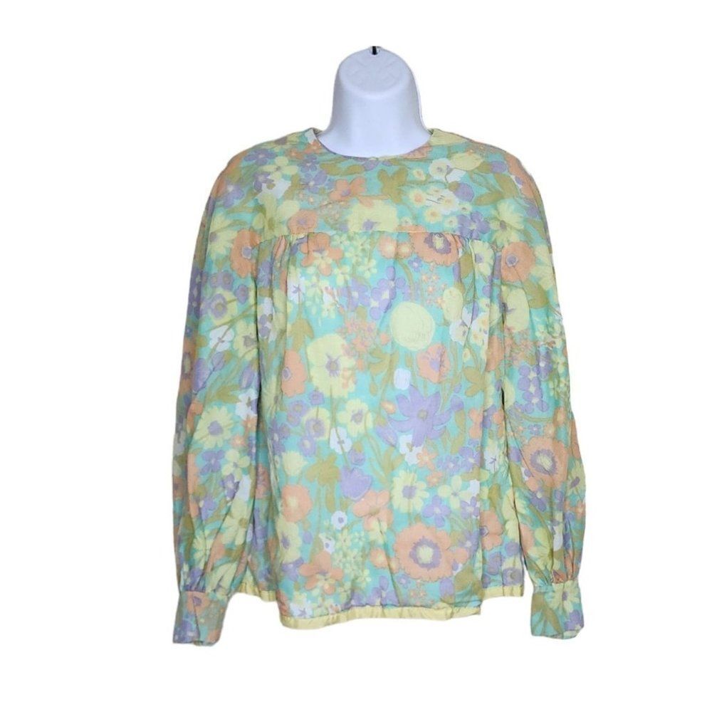 Vintage 1970s Blouse Top Shirt Womens Size Small Green Purple Groovy Flower Powe